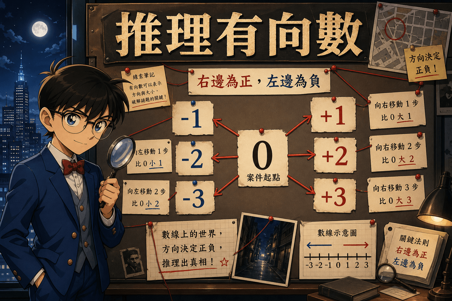 偵探推理有向數圖:以 0 為案件起點,右邊為正,左邊為負