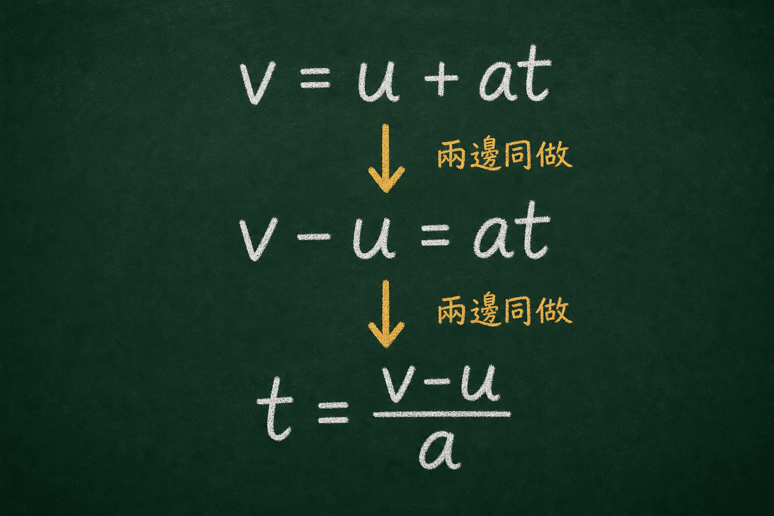 黑板粉筆圖：用天平展示 v = u + at 變形成 t = (v-u)/a