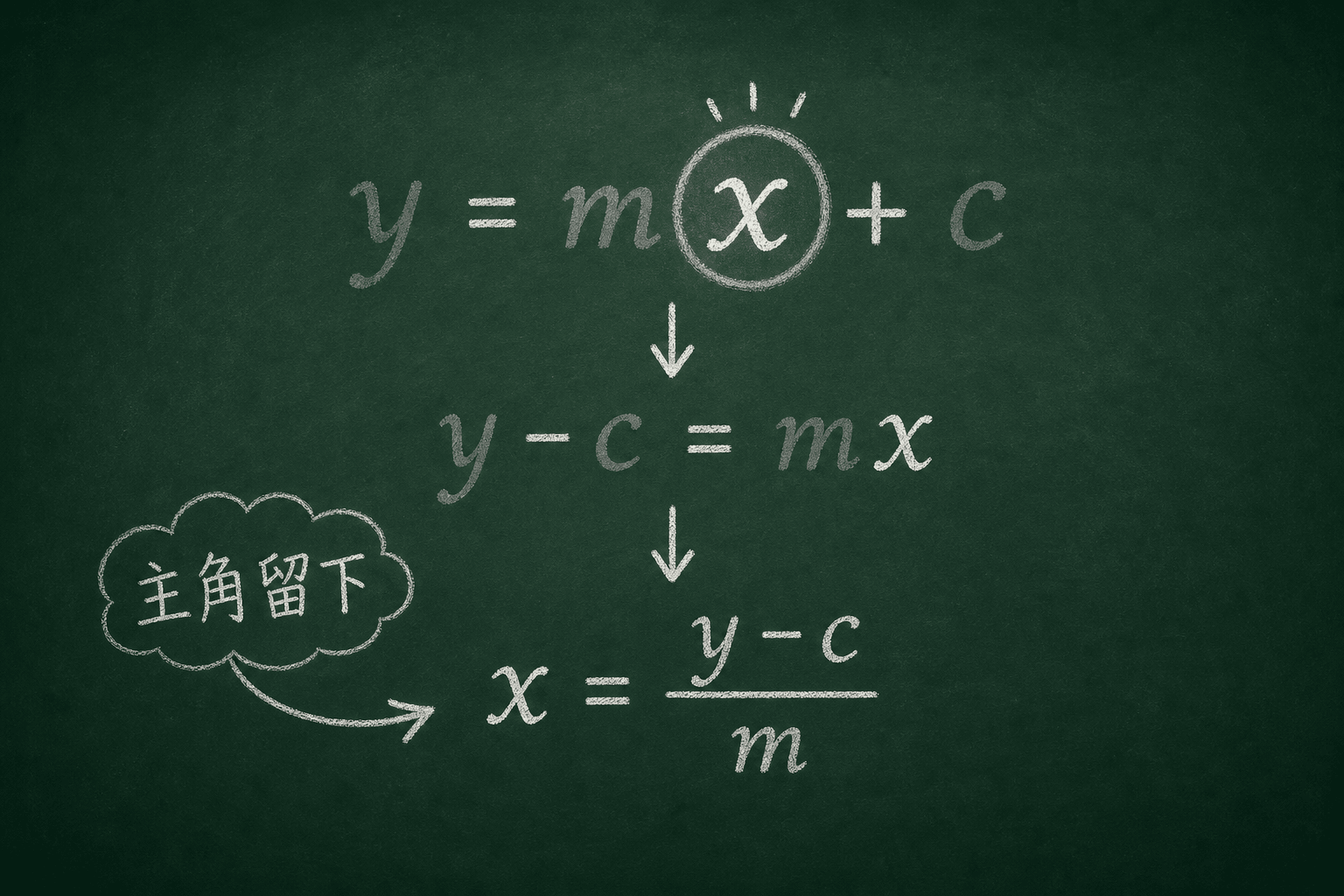 黑板粉筆圖：把 y = mx + c 變形成 x = (y-c)/m