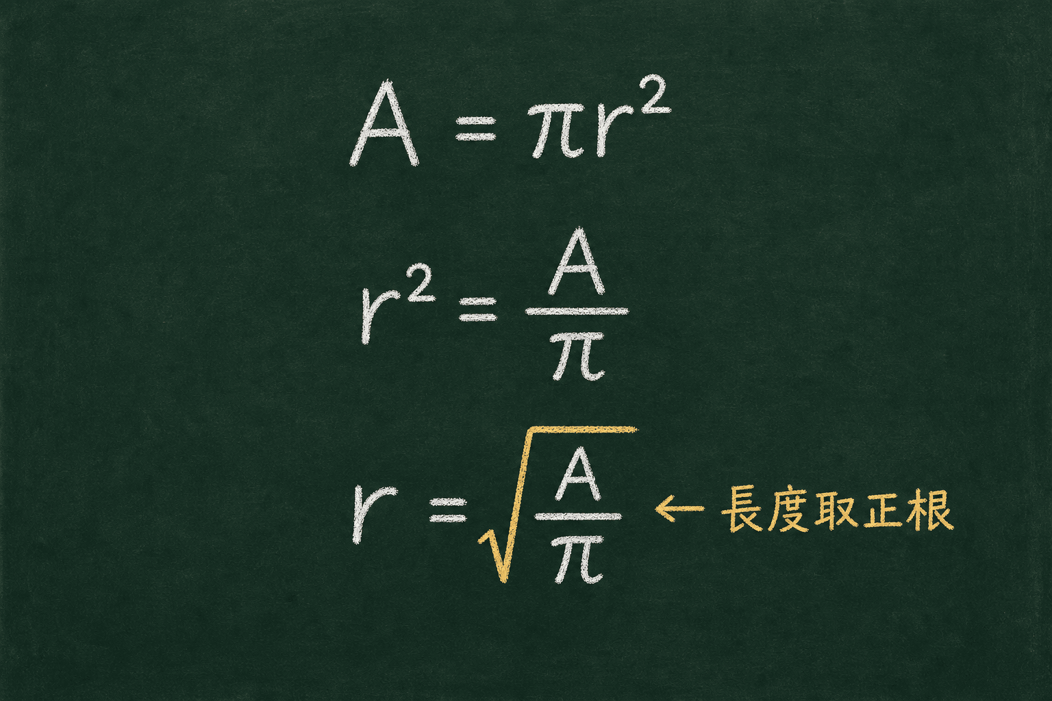 黑板粉筆圖：A = πr² 變形成 r = √(A/π)，並標示取正根