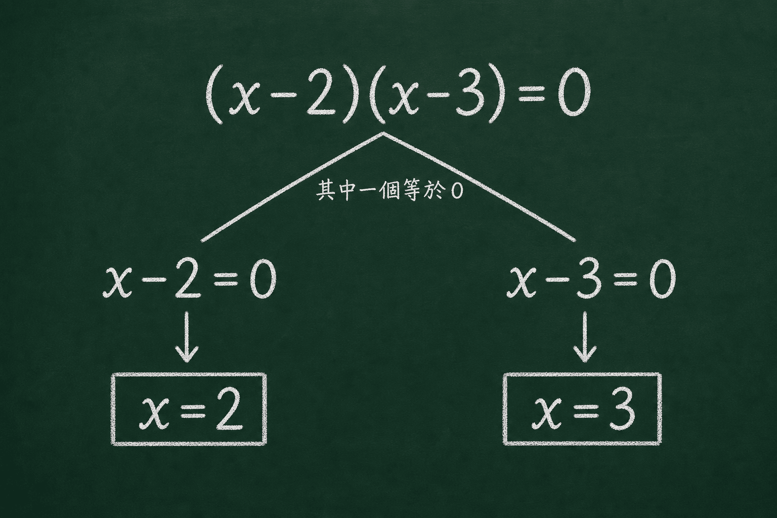 黑板粉筆圖：用零積律解 (x-2)(x-3)=0