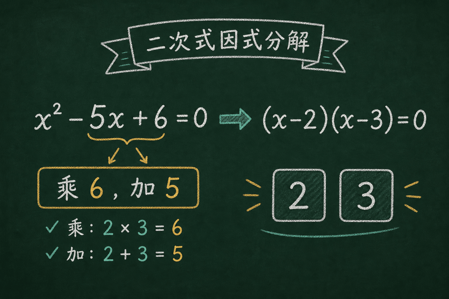黑板粉筆圖：把 x²-5x+6=0 因式分解成 (x-2)(x-3)=0