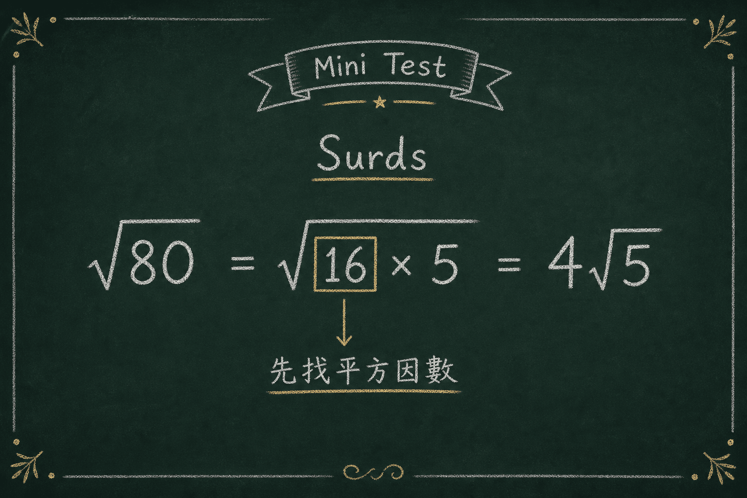 黑板粉筆圖：把 √80 化簡成 4√5