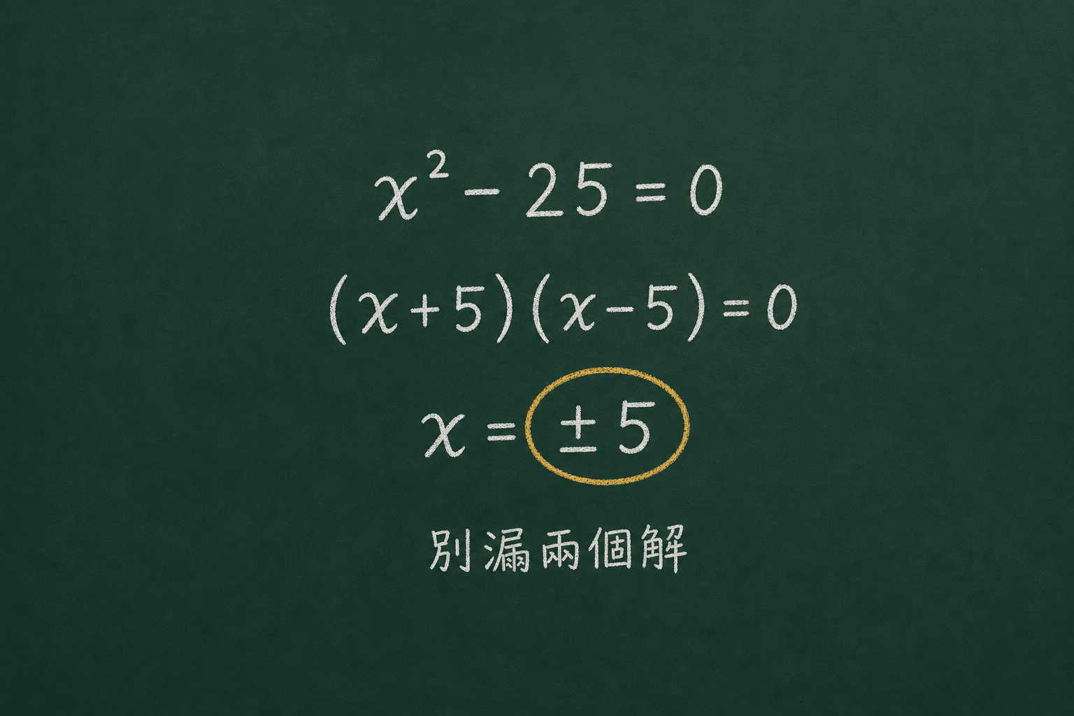 黑板粉筆圖：用平方差解 x²-25=0，得到 x=±5