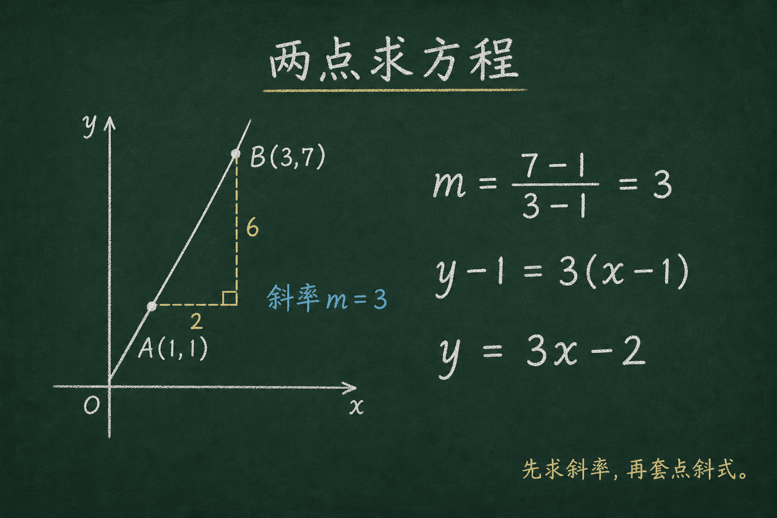 黑板粉筆圖：第二關：兩點求方程，先求 m = (7−1)/(3−1) = 3。再用 A 套点斜式