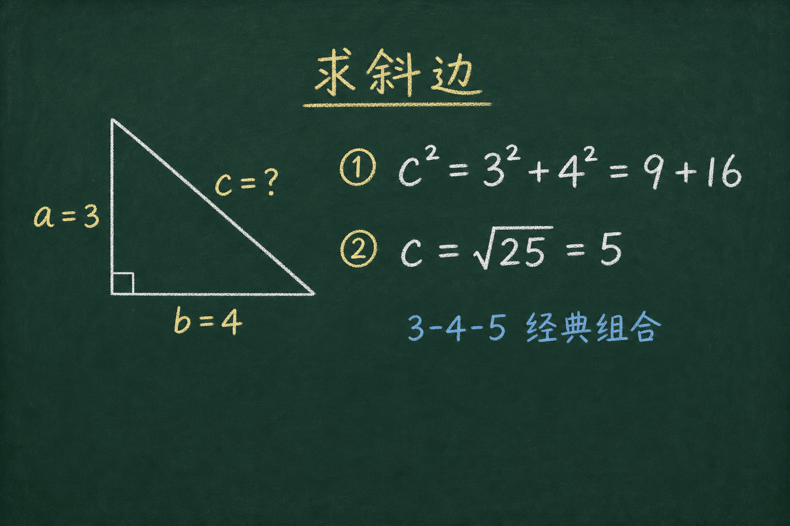 黑板粉筆圖：第二關：勾股定理（求邊長），3-4-5 经典组合