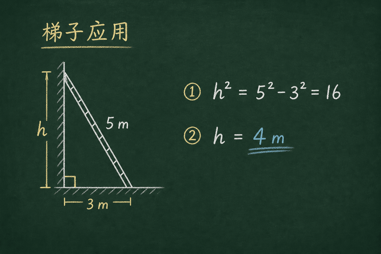 黑板粉筆圖：第三關：應用，5² − 3² = 16，h = 4