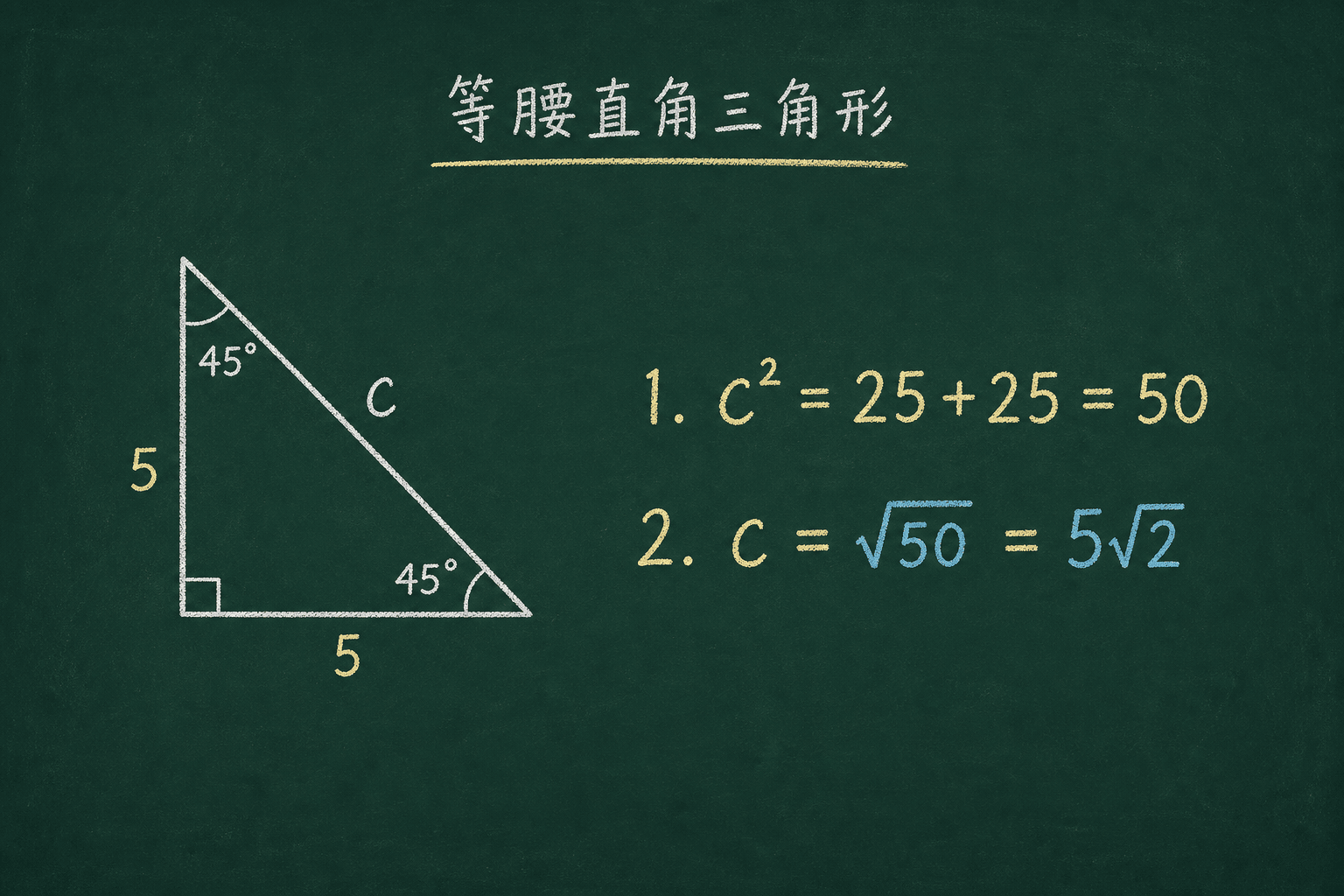 黑板粉筆圖：BOSS：含根式 / 大數字，c² = 25 + 25 = 50，c = √50 = 5√2
