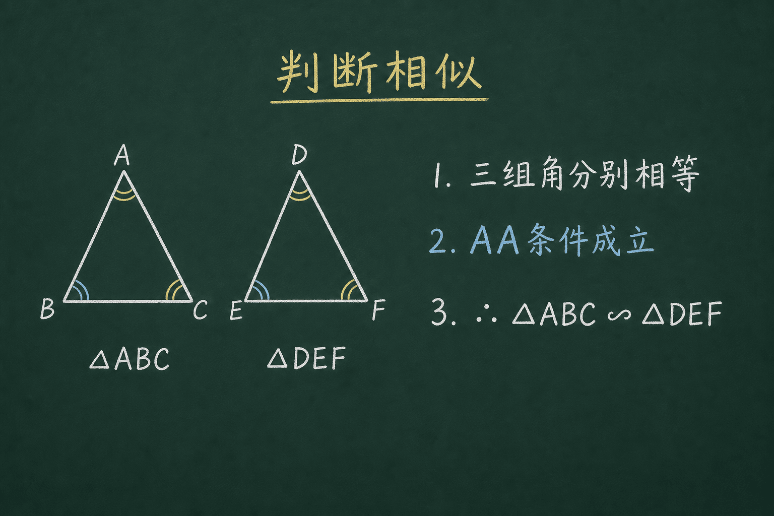 黑板粉筆圖：第一關：判斷相似，AA 条件成立