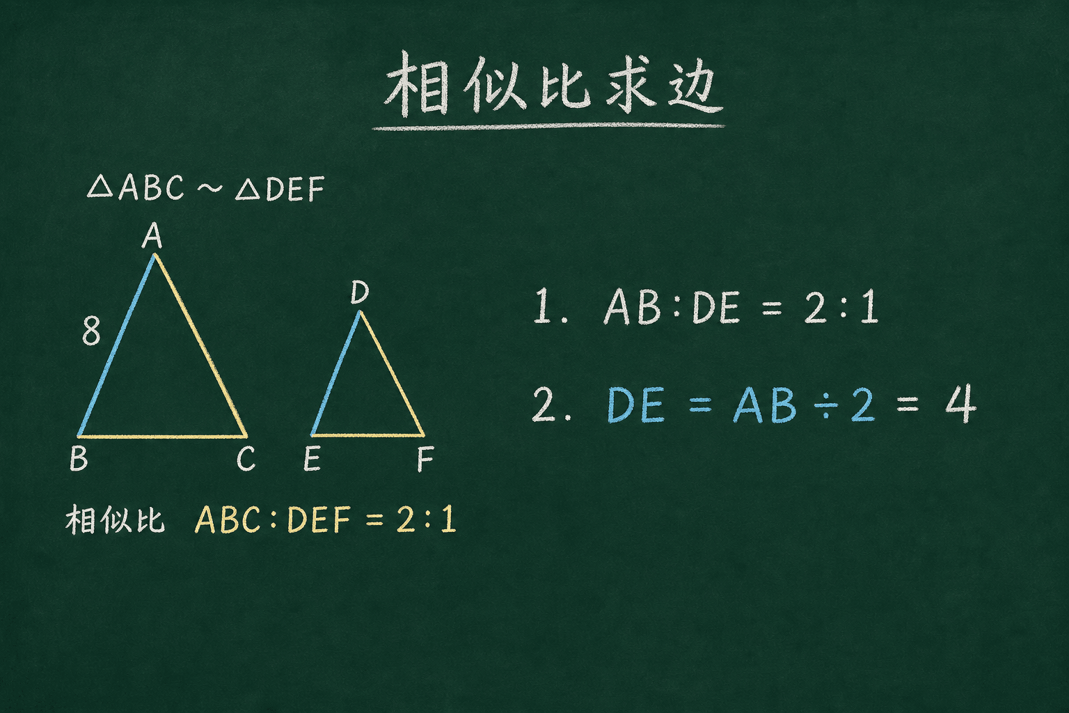 黑板粉筆圖：第二關：用相似比求邊長，DE = AB / 2