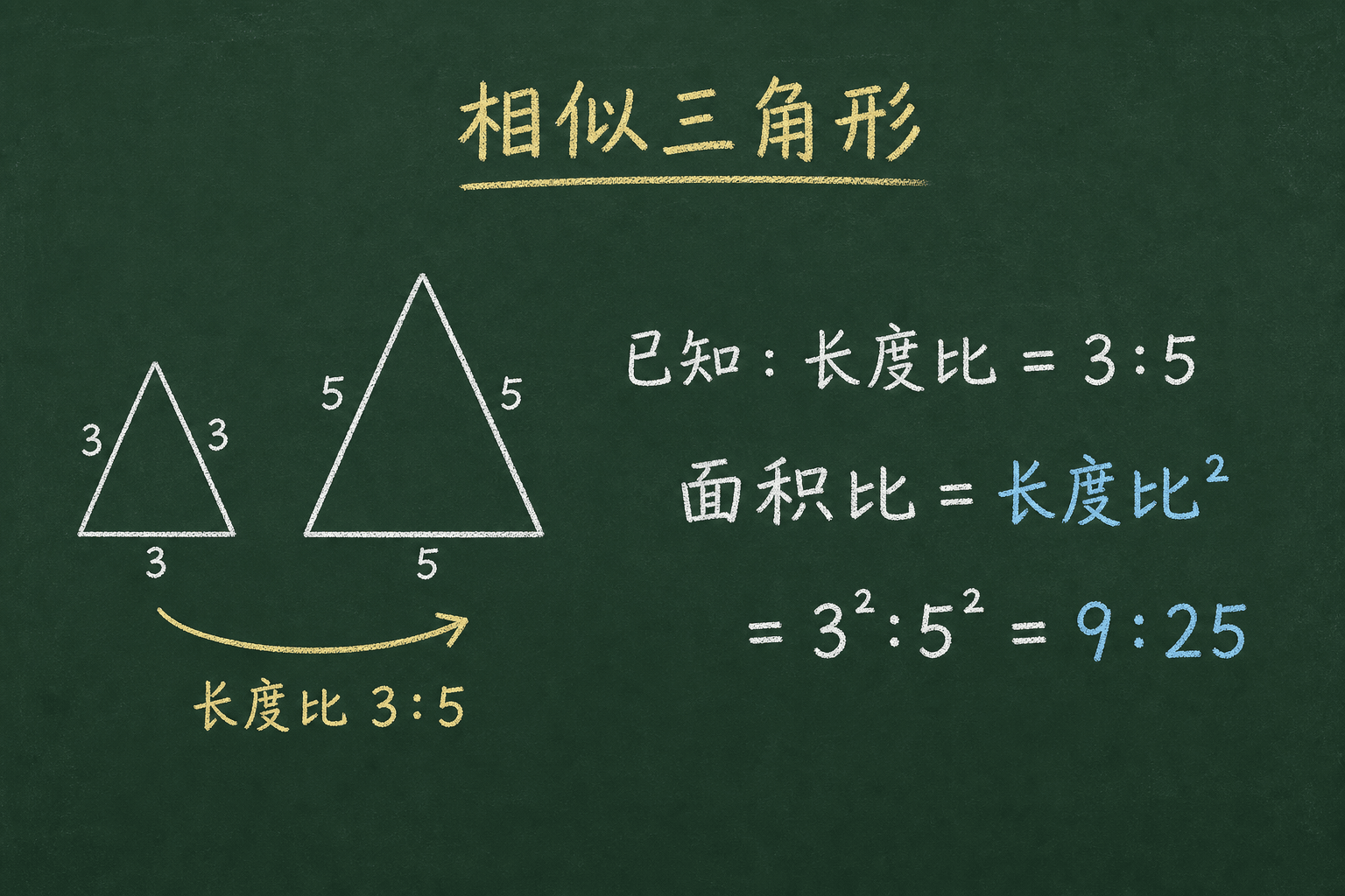 黑板粉筆圖：第三關：長度比 vs 面積比，面积比 = 长度比的平方 = 3² : 5²