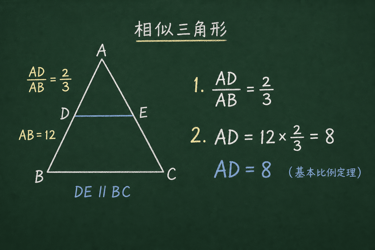 黑板粉筆圖：BOSS：綜合應用，AD = 12 × 2/3 = 8（基本比例定理）
