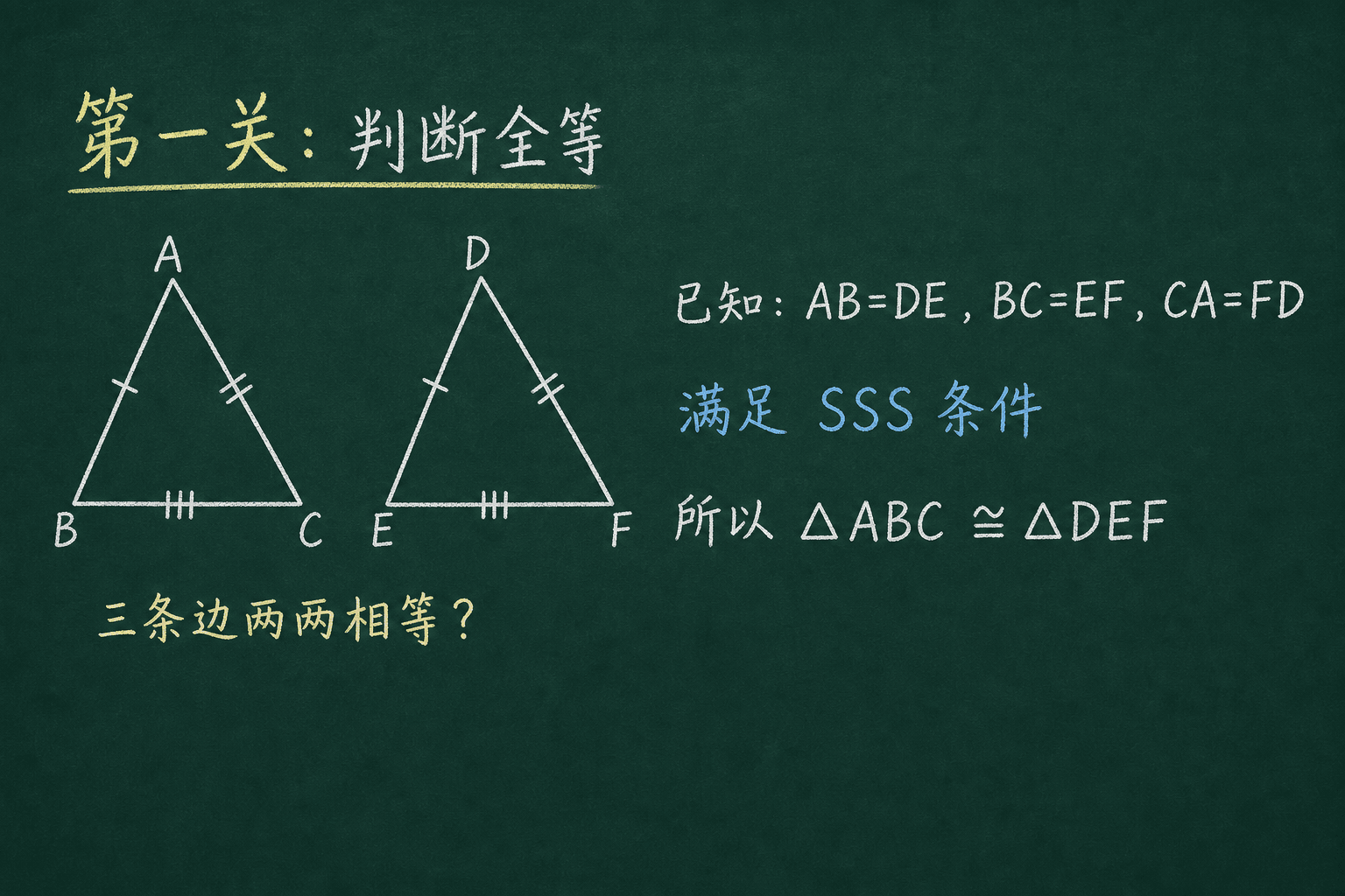 黑板粉筆圖：第一關：判斷哪些條件能證全等，SSS 条件