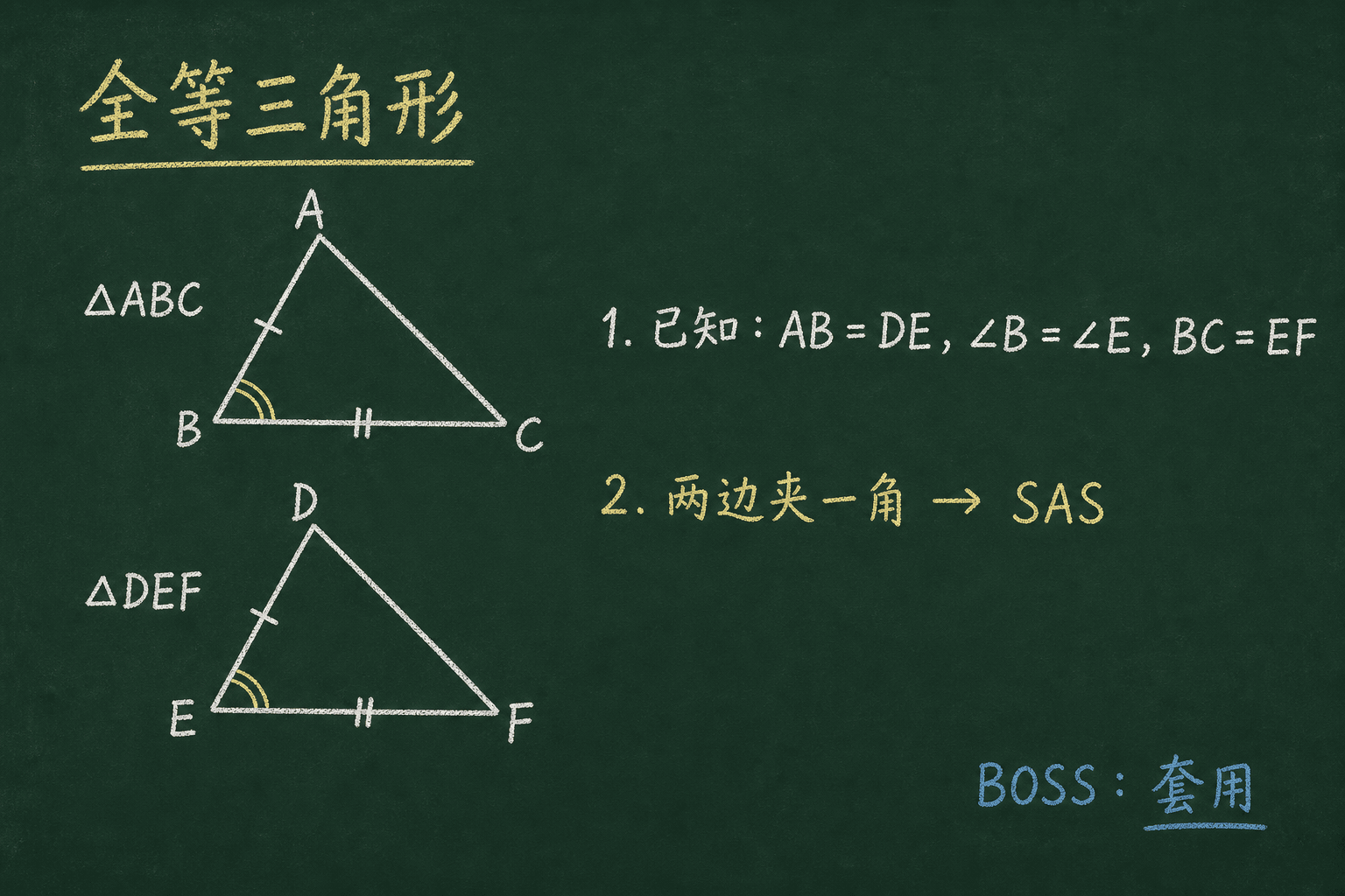 黑板粉筆圖：BOSS：套用，两边夹一角