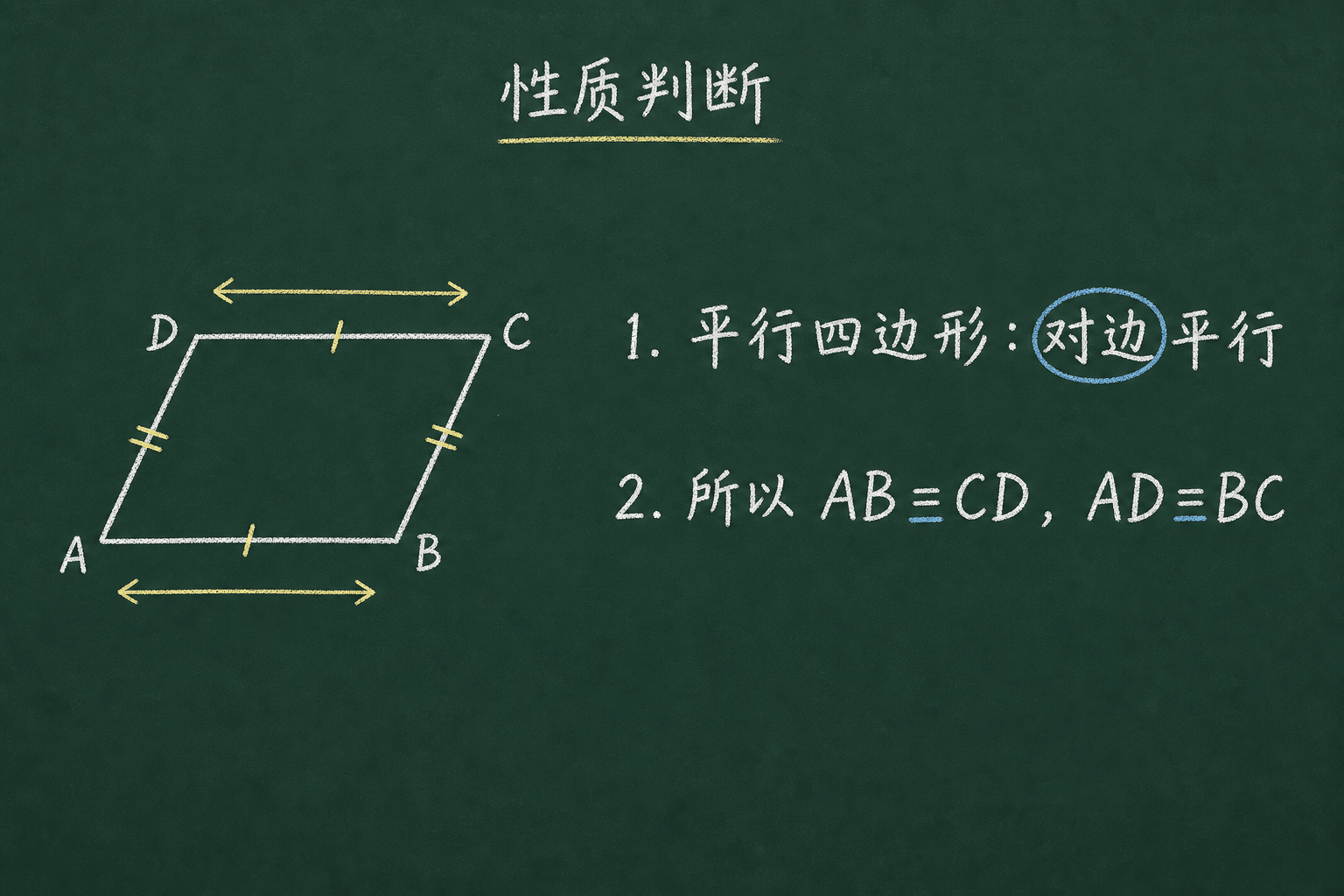黑板粉筆圖：第一關：性質判斷，平行四边形基本性质