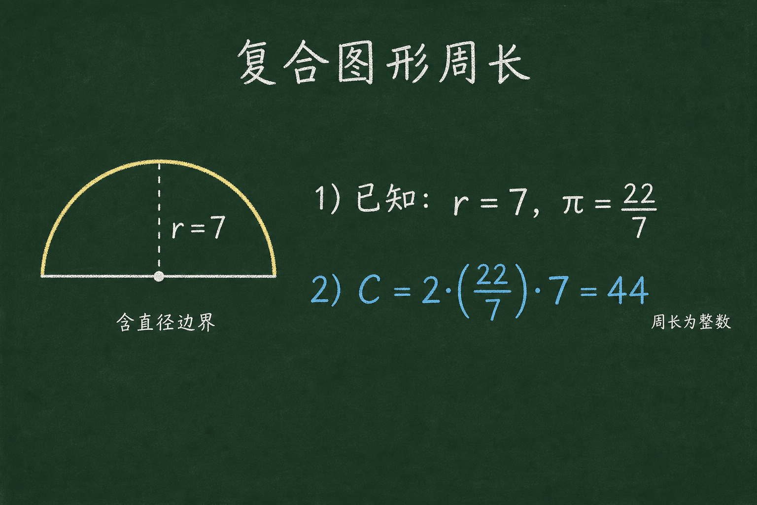 黑板粉筆圖：BOSS：複合圖形（含直徑邊界），C = 2·(22/7)·7 = 44