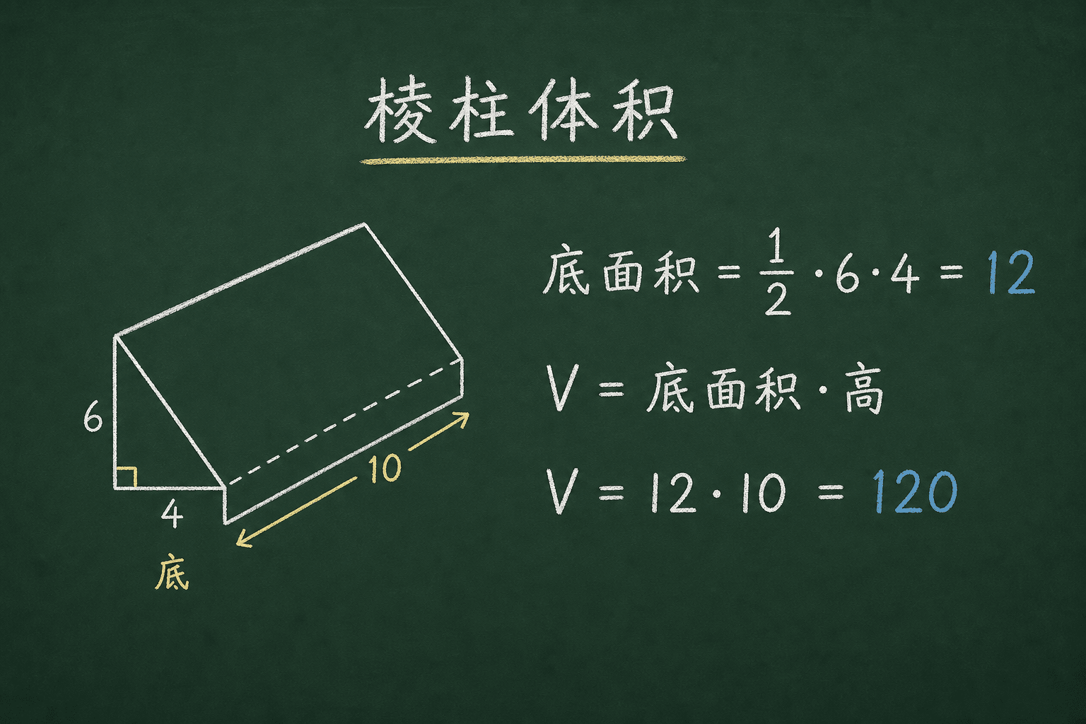 黑板粉筆圖：第三關：棱柱與長方體，底面积 = (1/2)·6·4 = 12，V = 12·10