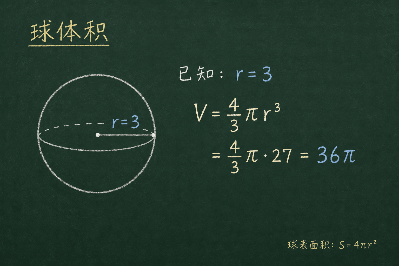 黑板粉筆圖：第二關：球體積、球表面，(4/3)π·27