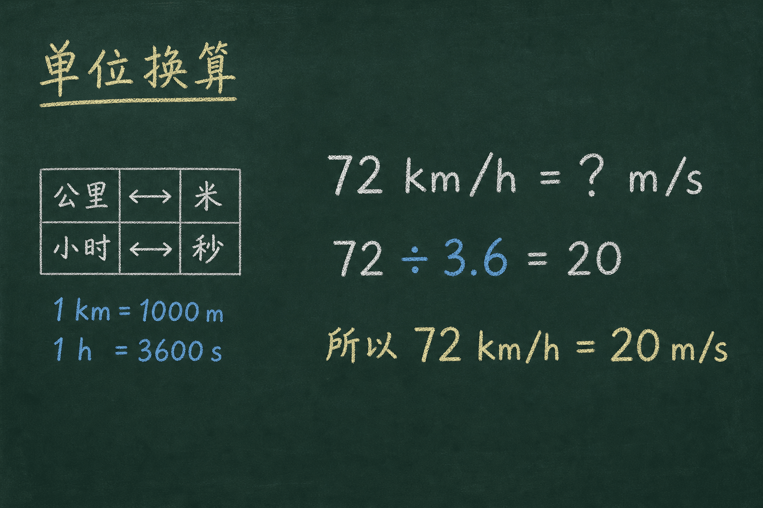 黑板粉筆圖：第三關：單位換算，÷ 3.6