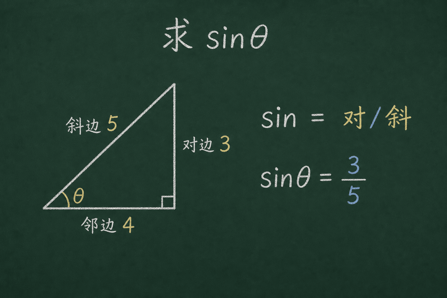 黑板粉筆圖：第一關：求 sin / cos / tan，sin = 对 / 斜