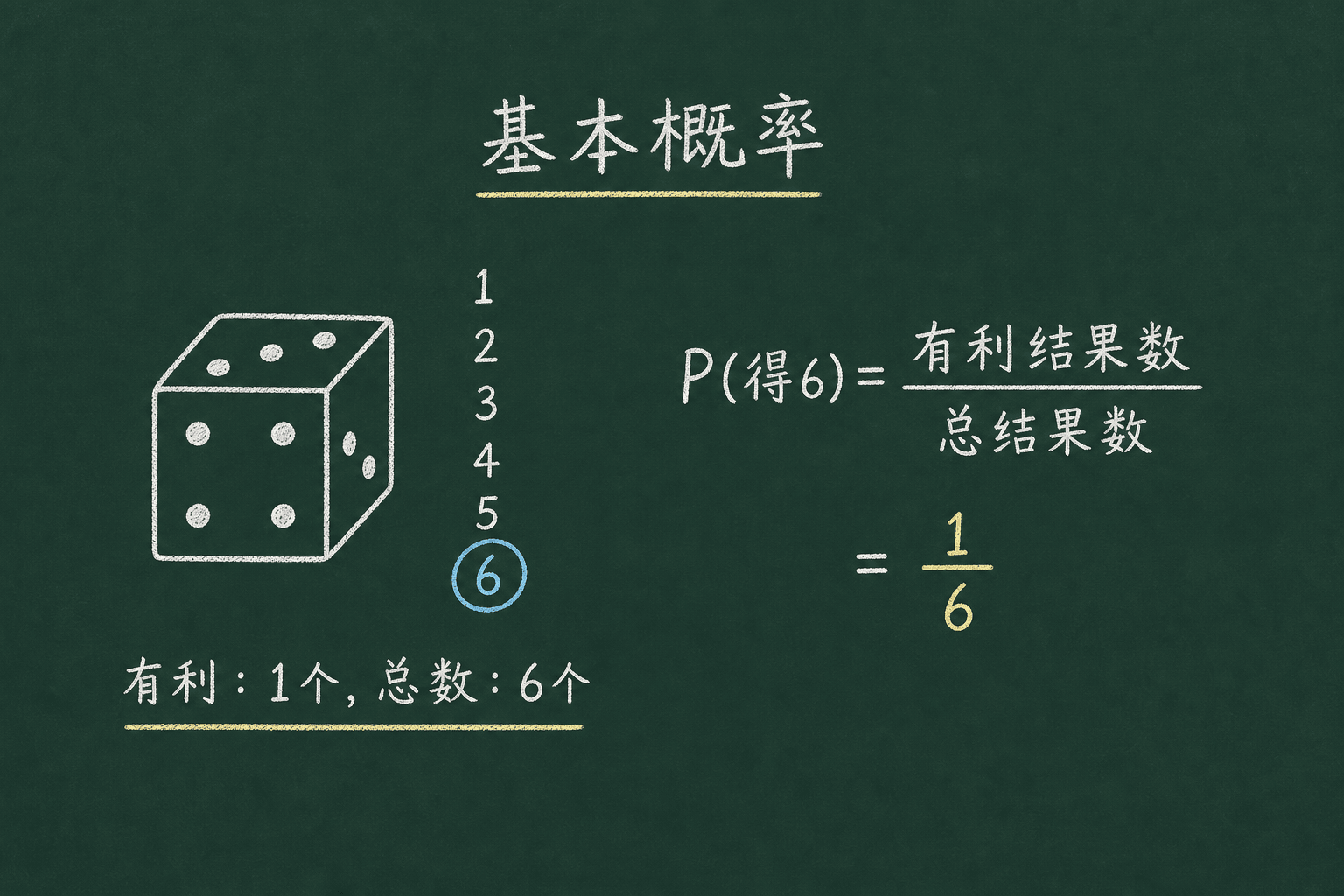 黑板粉筆圖：第一關：基本概率，1 个有利 / 6 个总