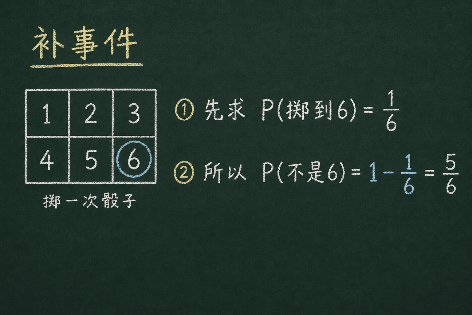 黑板粉筆圖：第二關：補事件，1 − 1/6