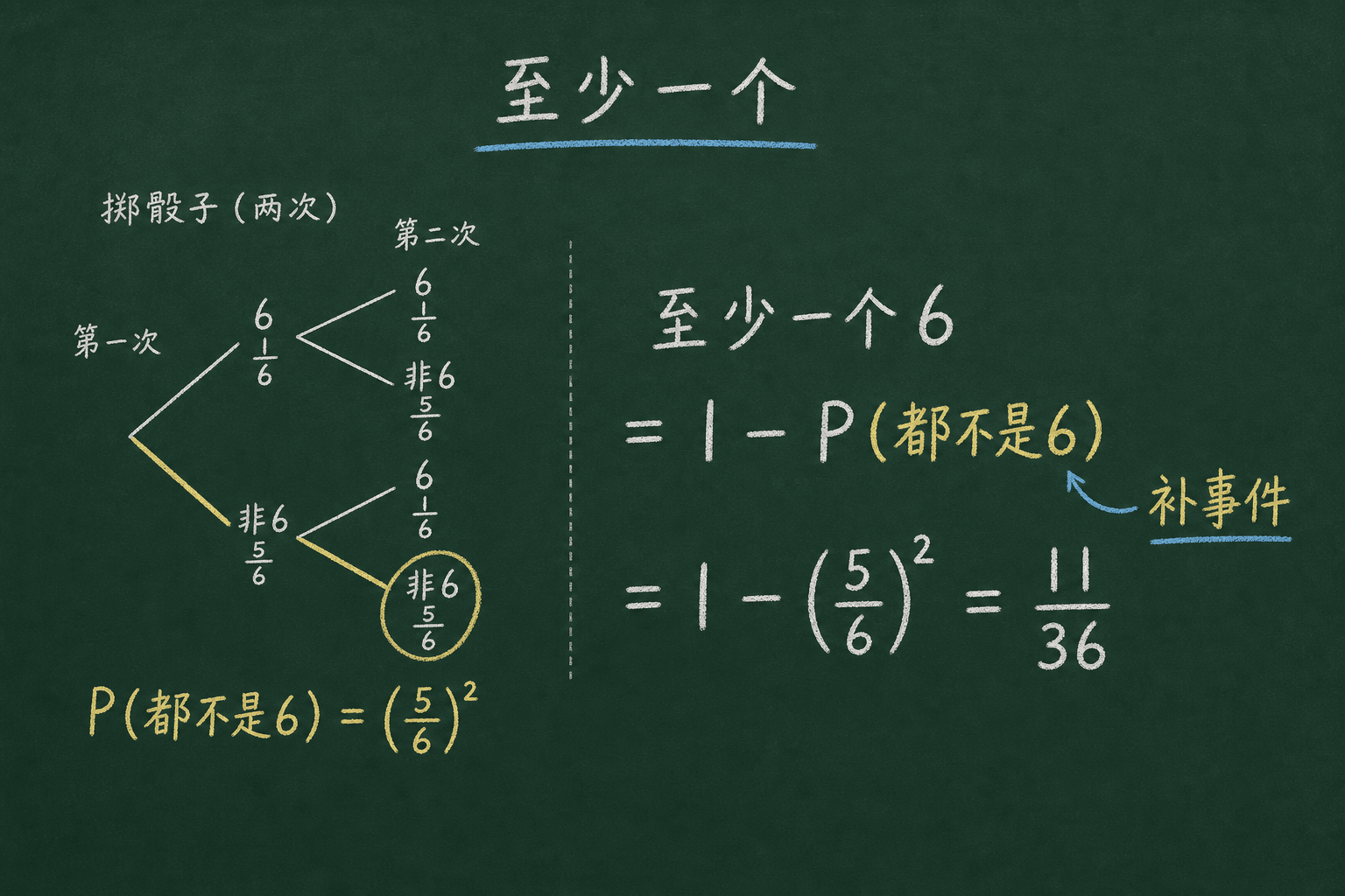 黑板粉筆圖：BOSS：「至少一個」（用補事件），1 − P(都不是 6) = 1 − (5/6)²