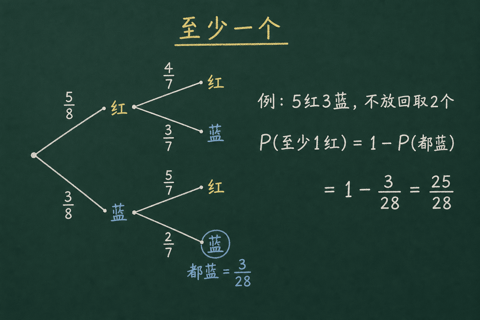 黑板粉筆圖：BOSS：「至少一個」+ 樹狀圖路徑，1 − P(都蓝) = 1 − 3/28