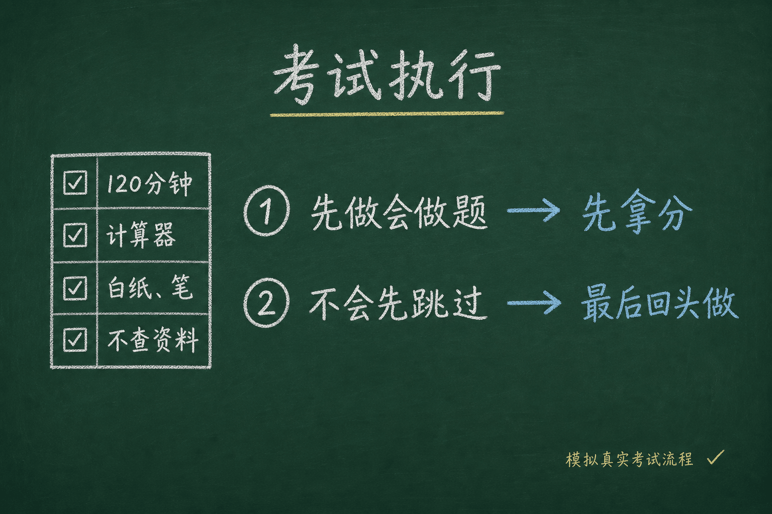 黑板粉筆圖：考试执行方法，模拟真实考试流程，先拿会拿的分