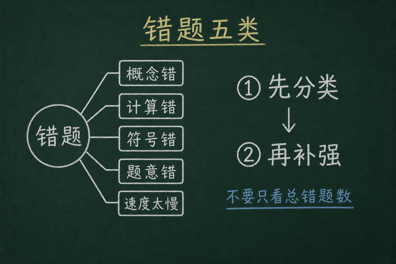 黑板粉筆圖：错题五分类，先分类，再补强，不要只看总错题数