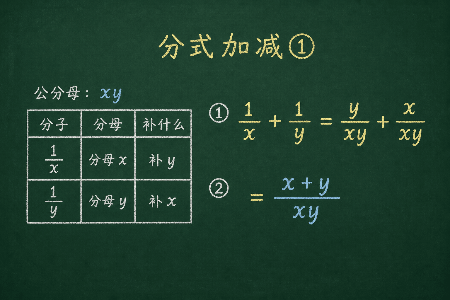 黑板粉筆圖：第一關：簡單分式加減（不同分母），公分母 xy。1/x = y/(xy)、1/y = x/(xy)