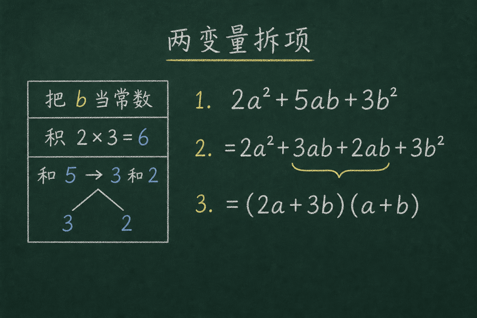 黑板粉筆圖：第三關：含兩個變數（HKDSE 真題類型），把 b 当常数，找积 2·3=6、和 5：3 和 2