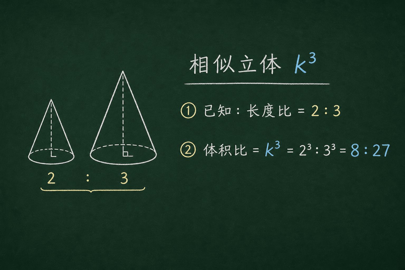 黑板粉筆圖：第三關：相似立體 k³，体积比 = k³ = 2³ : 3³