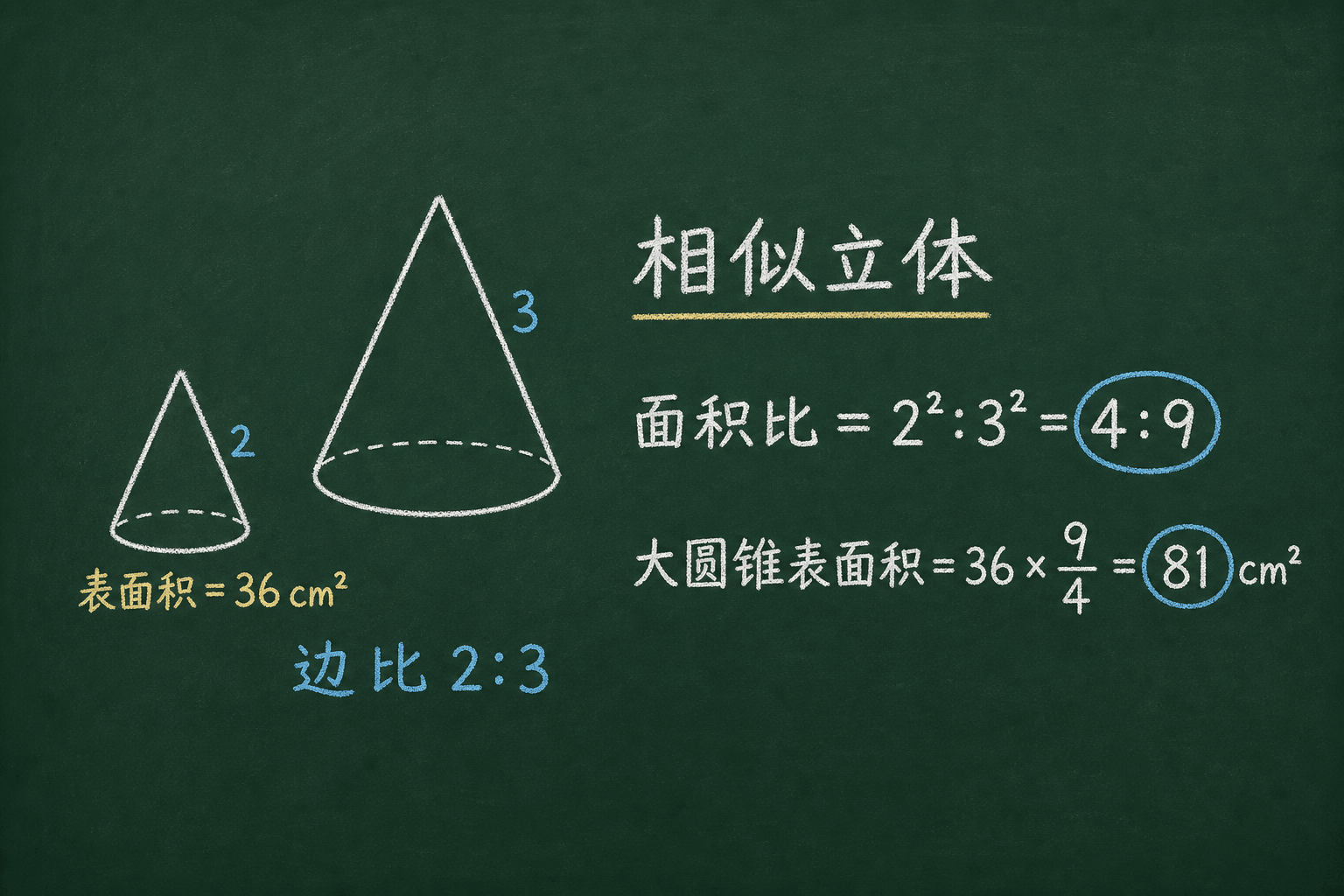 黑板粉筆圖：BOSS：HKDSE 真題類型，边比 2:3、面积比 4:9。36×(9/4) = 81