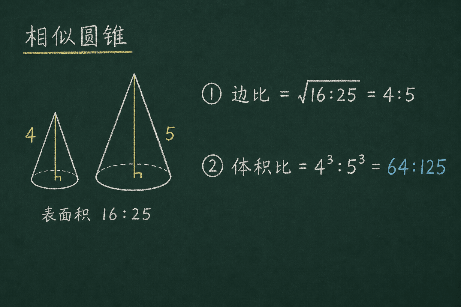 黑板粉筆圖：最後 2 道：綜合應用，边比 = √(16:25) = 4:5。体积比 = 4³:5³